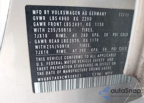 2012 Volkswagen Tiguan Se from USA, damaged, VIN WVGBV7AX9CW538921
